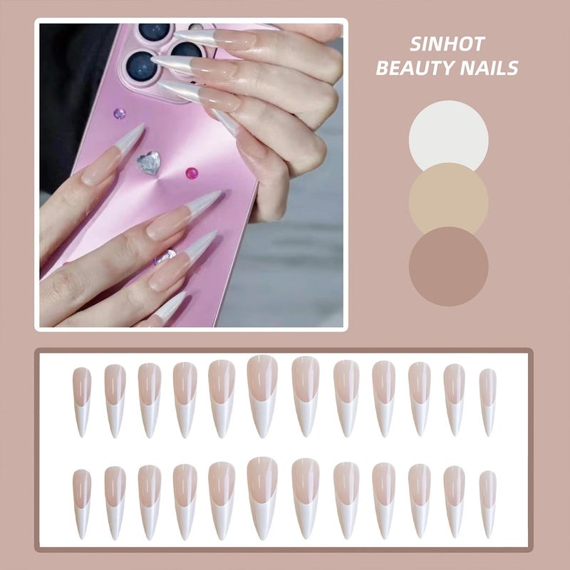 SINHOT French Tip Press on Nails Long Stiletto Fake Nails Pearly White Acrylic Nails Glossy Glue on Nail Almond Artificial Nail Stick on False Nail with Design 24 pcs - Image 5